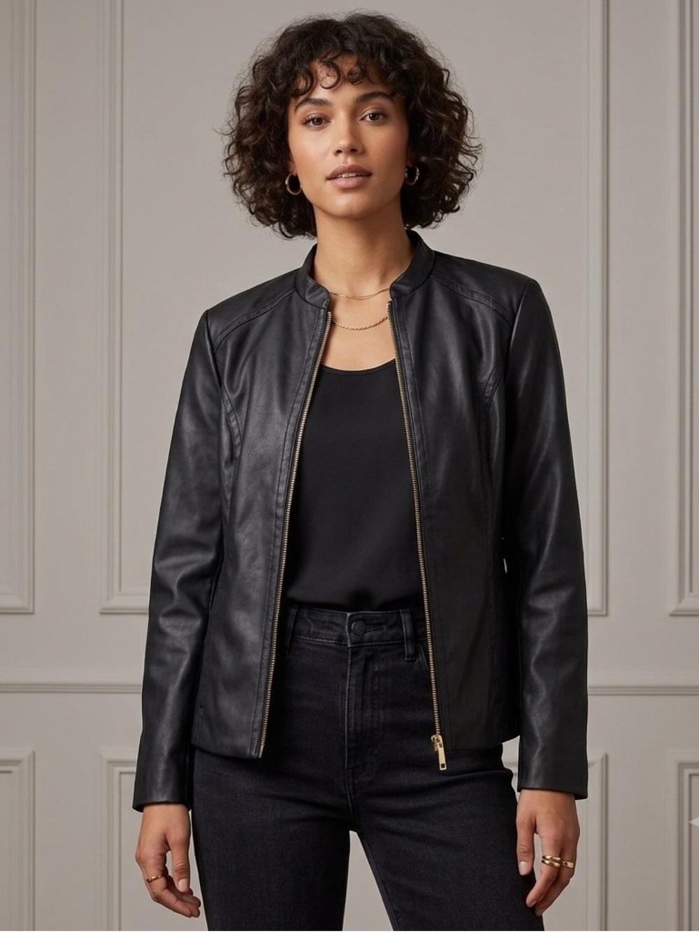 TanJay Black Faux Leather Jacket Women 14P M/L Lightweight Eyelet, Funnel Neck